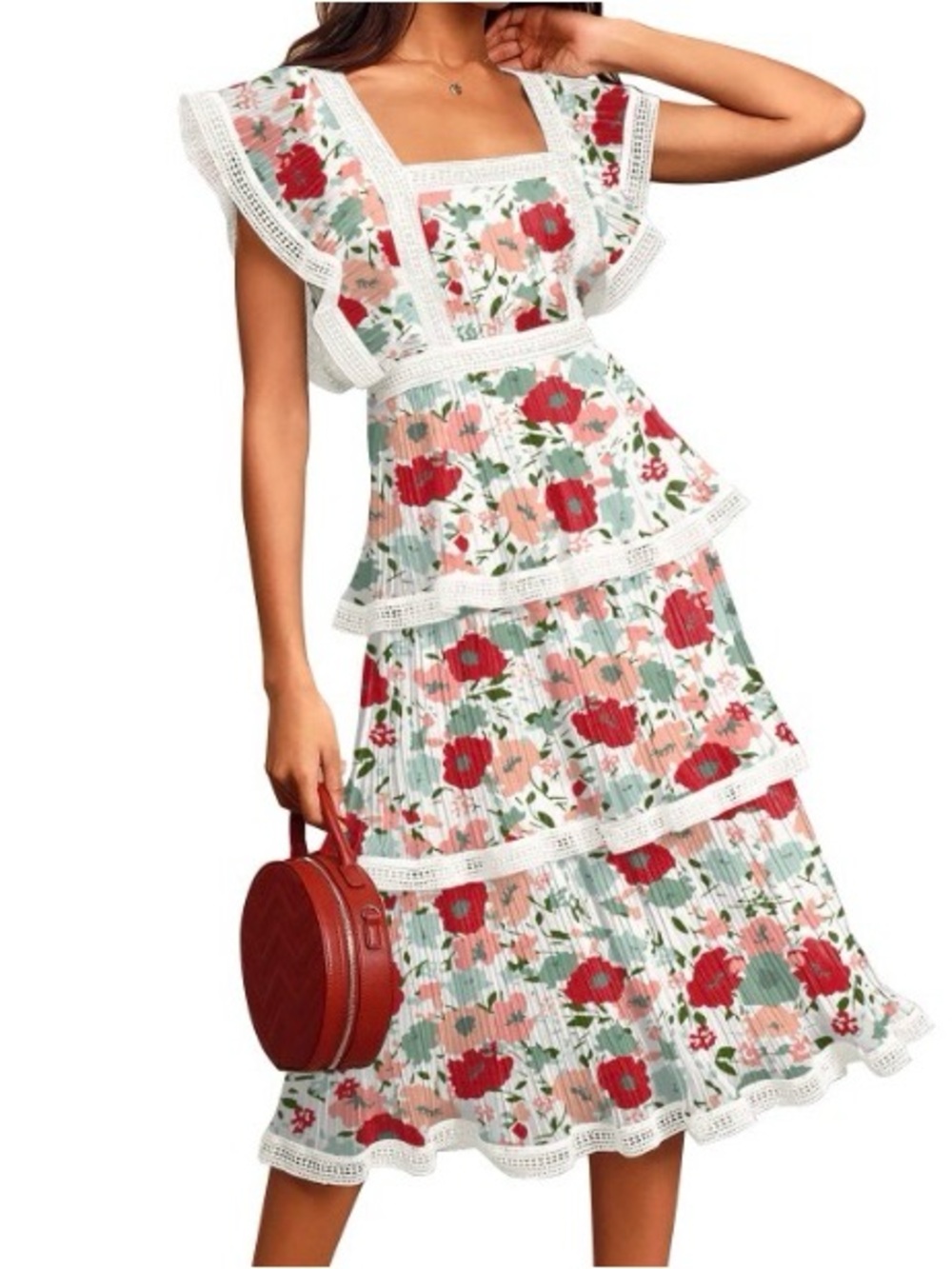 New w/o tags-ETCYY Floral Tiered Midi BOHO Dress with Lace Trim - White & Red